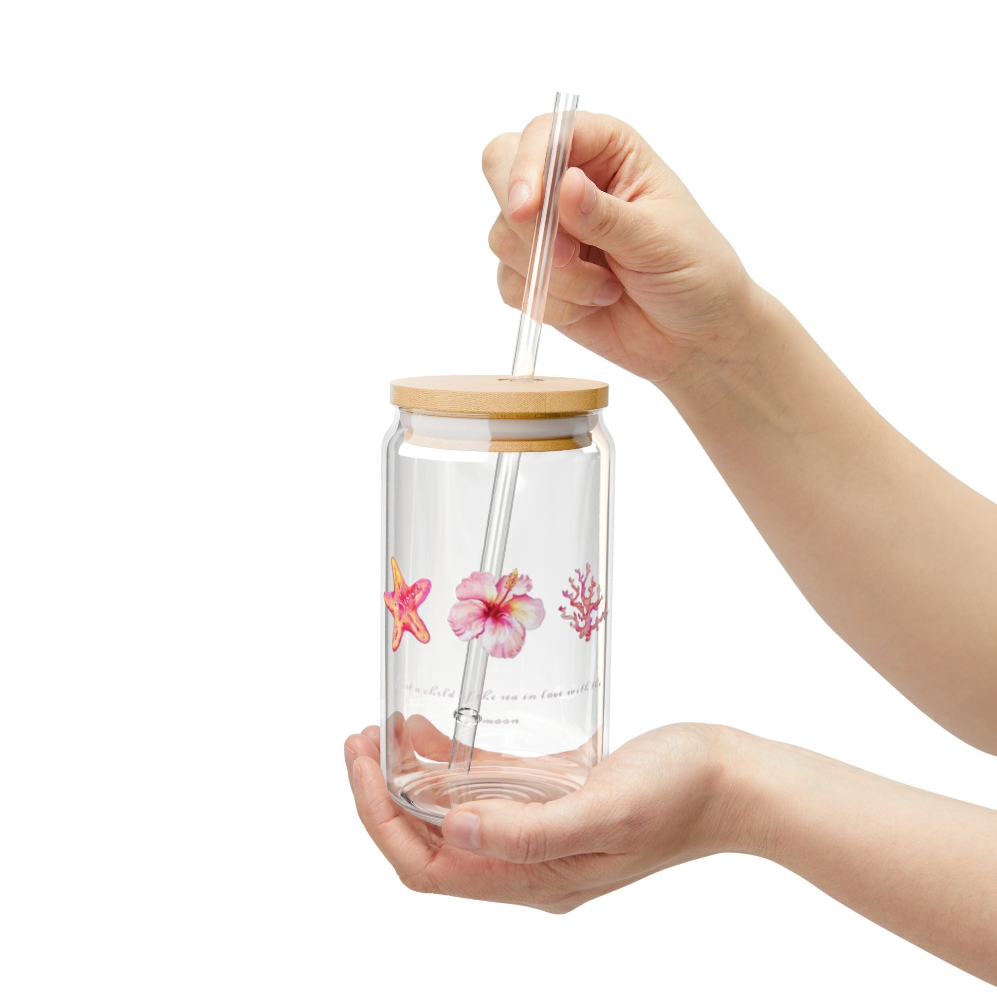 16oz Floral Sipper Glass with Bamboo Lid — Pink Tropical Flowers