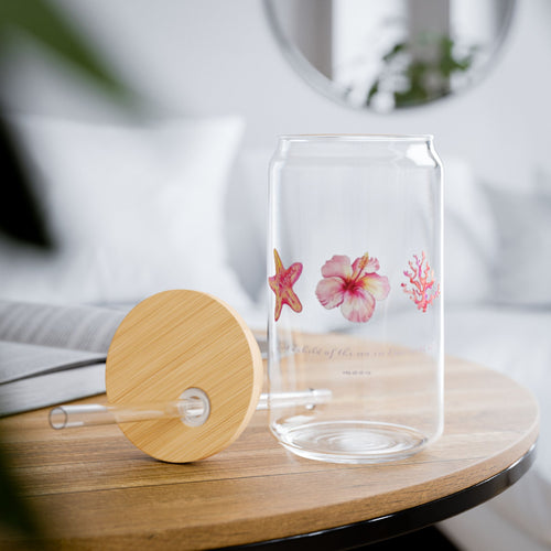 16oz Floral Sipper Glass with Bamboo Lid — Pink Tropical Flowers