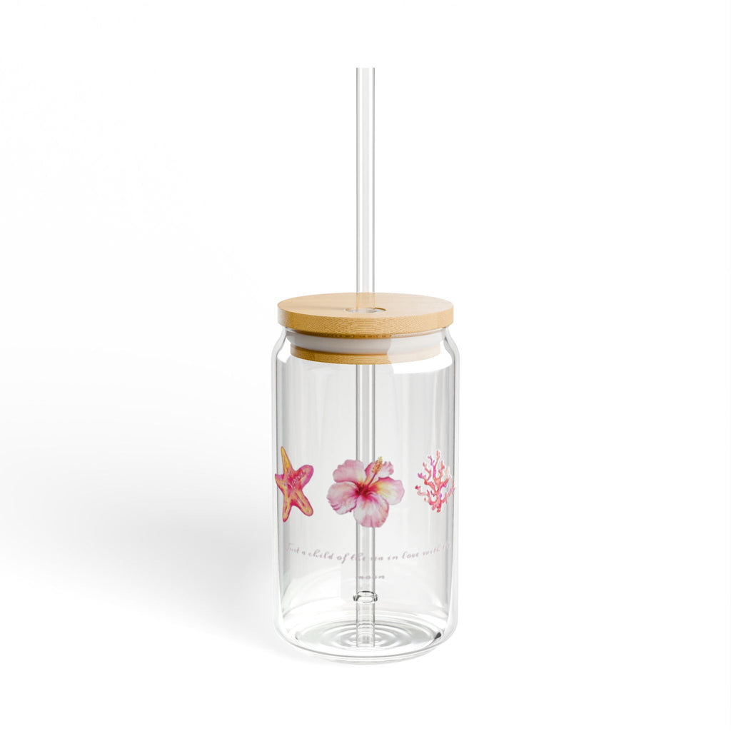 16oz Floral Sipper Glass with Bamboo Lid — Pink Tropical Flowers