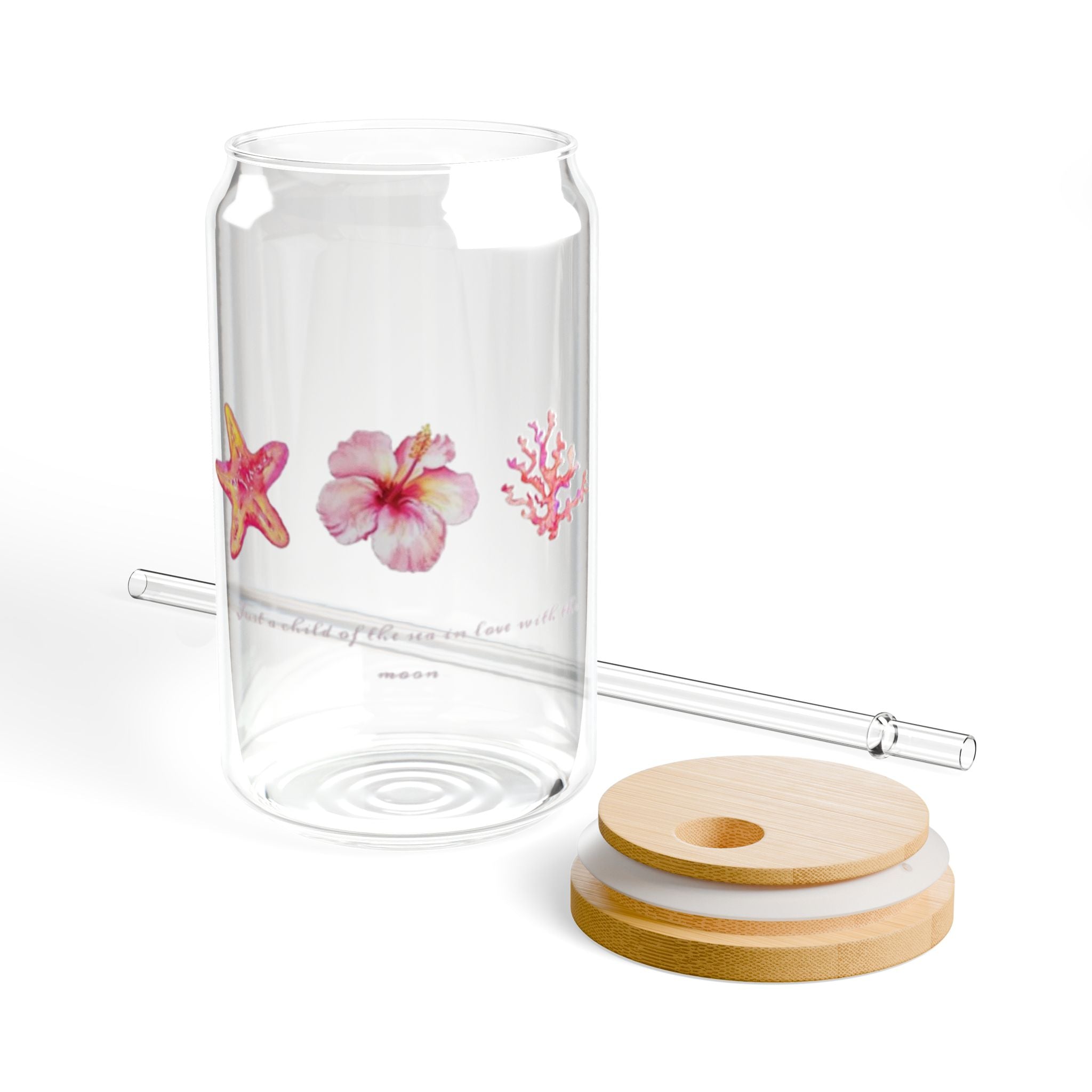 16oz Floral Sipper Glass with Bamboo Lid — Pink Tropical Flowers